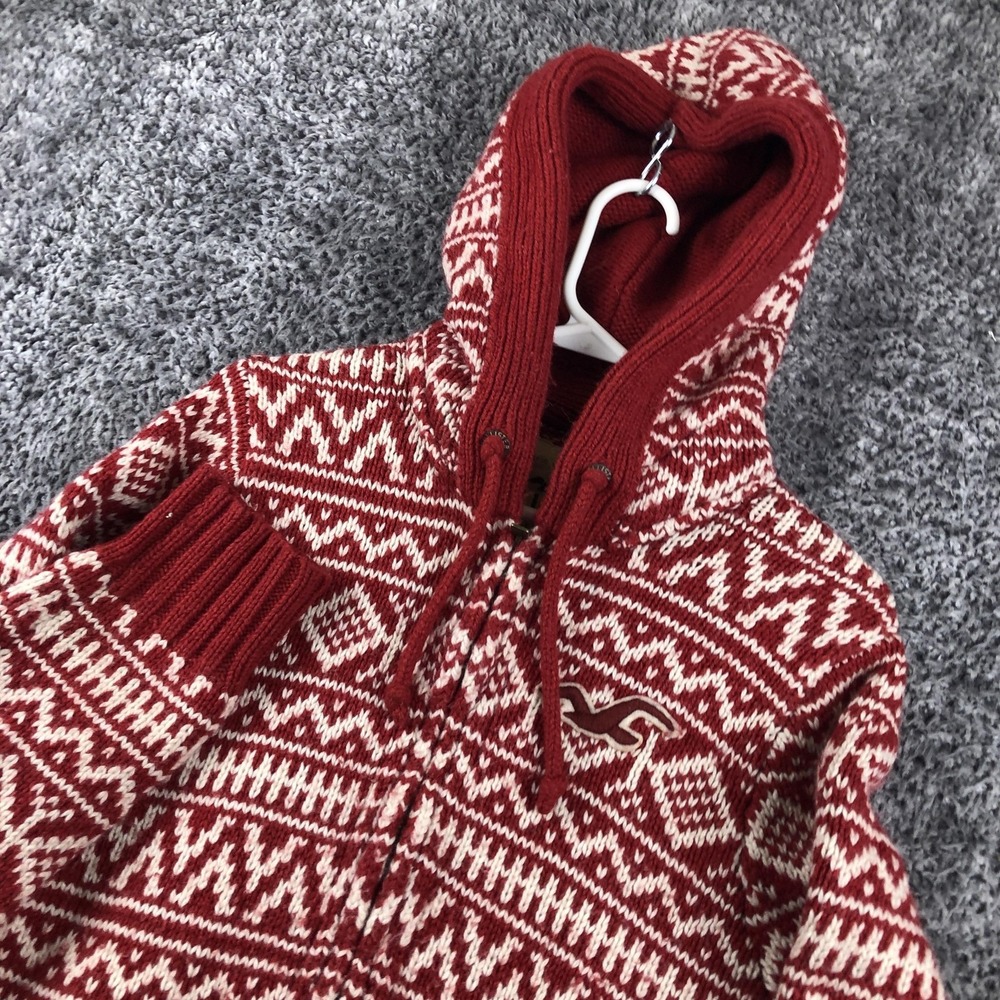 Hollister Sweater Mens Large Red Fair Isle Full Zip Hooded Knit Cardigan